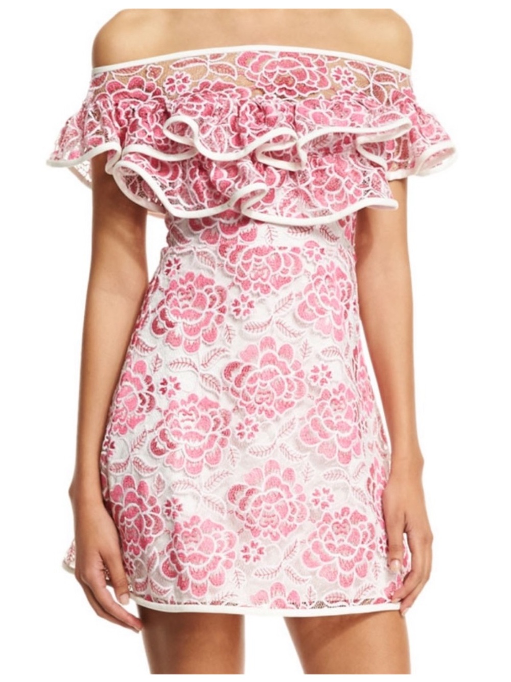 Alexis Pink Off-Shoulder Lace Ruffle Mini Dress